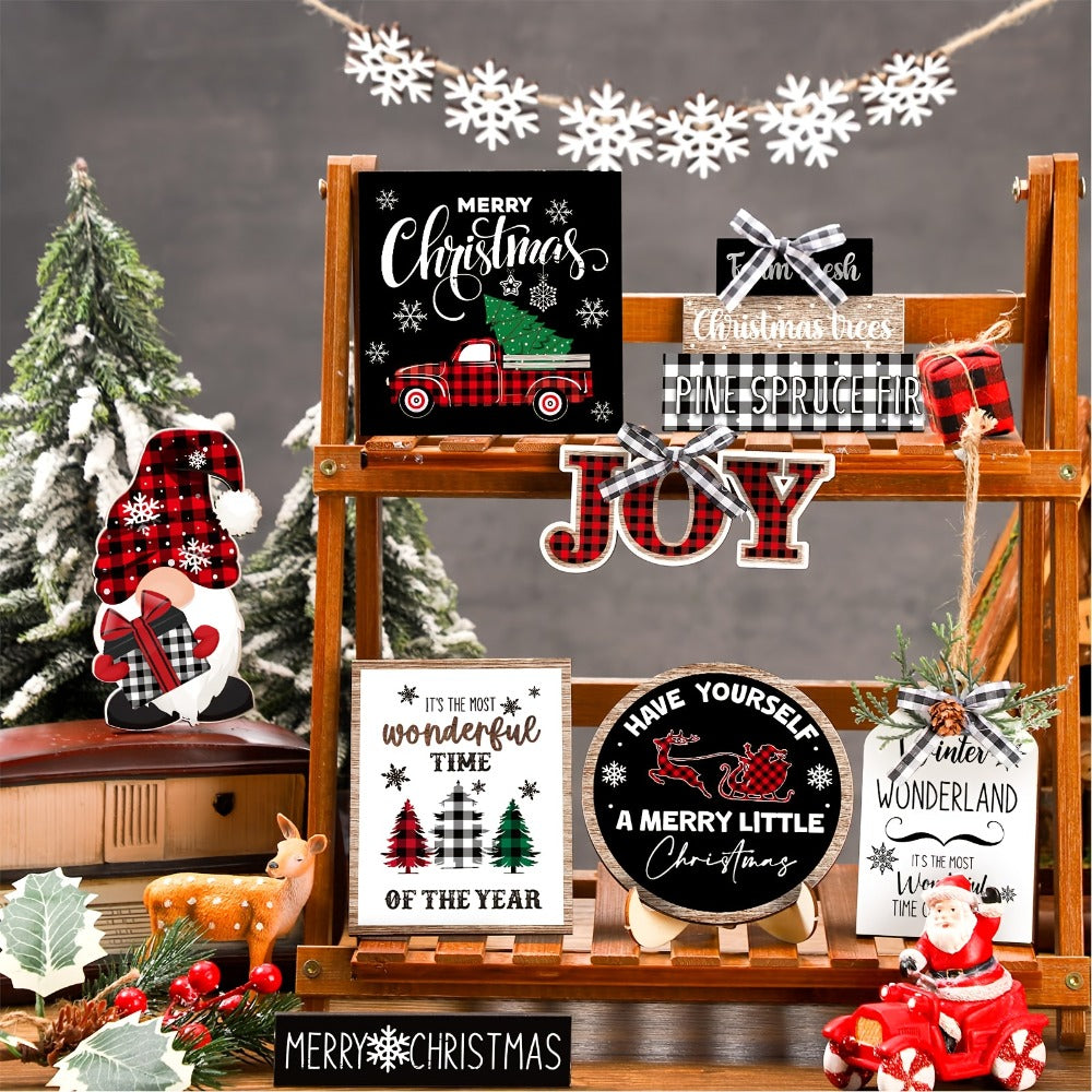 Tiered Tray Decor Set 15/20pcs Winter Christmas Farmhouse Wooden Signs - Buffalo Check Snowflakes Trees Dwarfs Trucks Valentine Easter Holiday Table Display Decorations