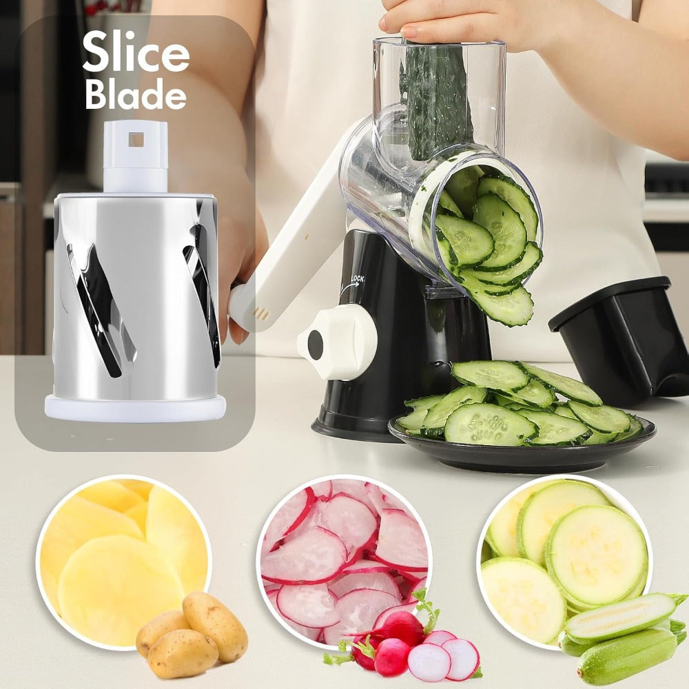 Rotary Cheese Grater ¨C Stainless Steel Hand Crank Shredder with 3 Interchangeable Blades, Non-Slip Suction Base & Cleaning Brush, BPA-Free Vegetable Grater for Cheese, Nuts & Vegetables