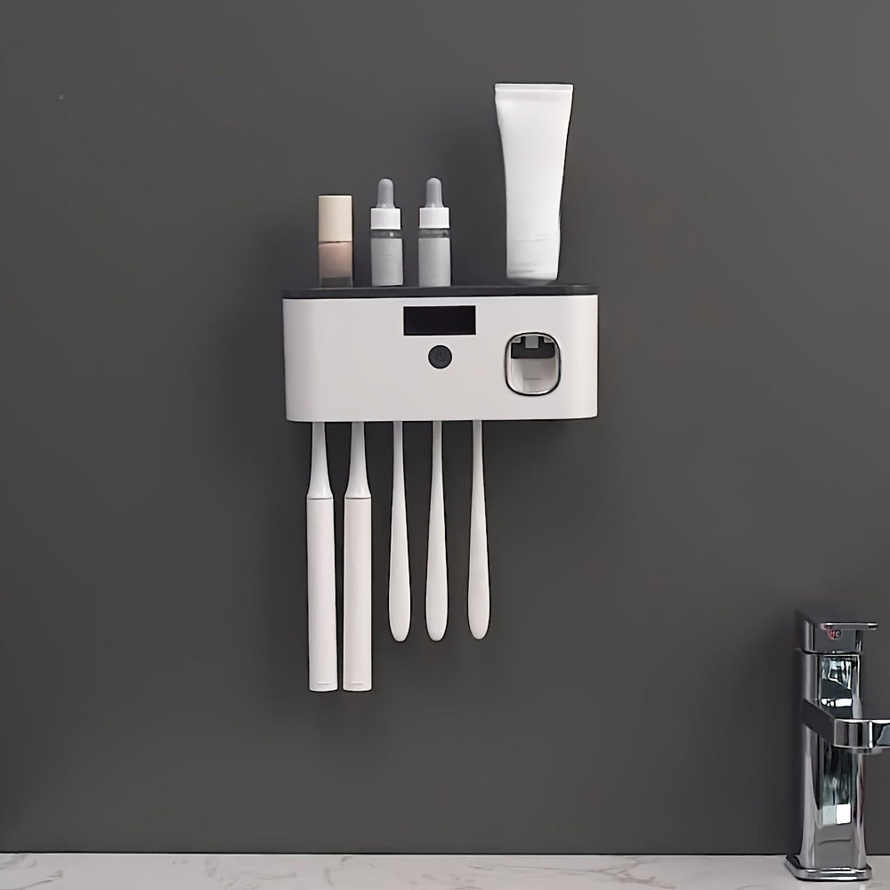Toothbrush Holder Wall Mounted No Drill - 4-Slot Bathroom Toothbrush & Toothpaste Storage Rack, Modern Bathroom Organizer, Self-Adhesive Wall Mount, White Grey Bathroom Decor Accessories