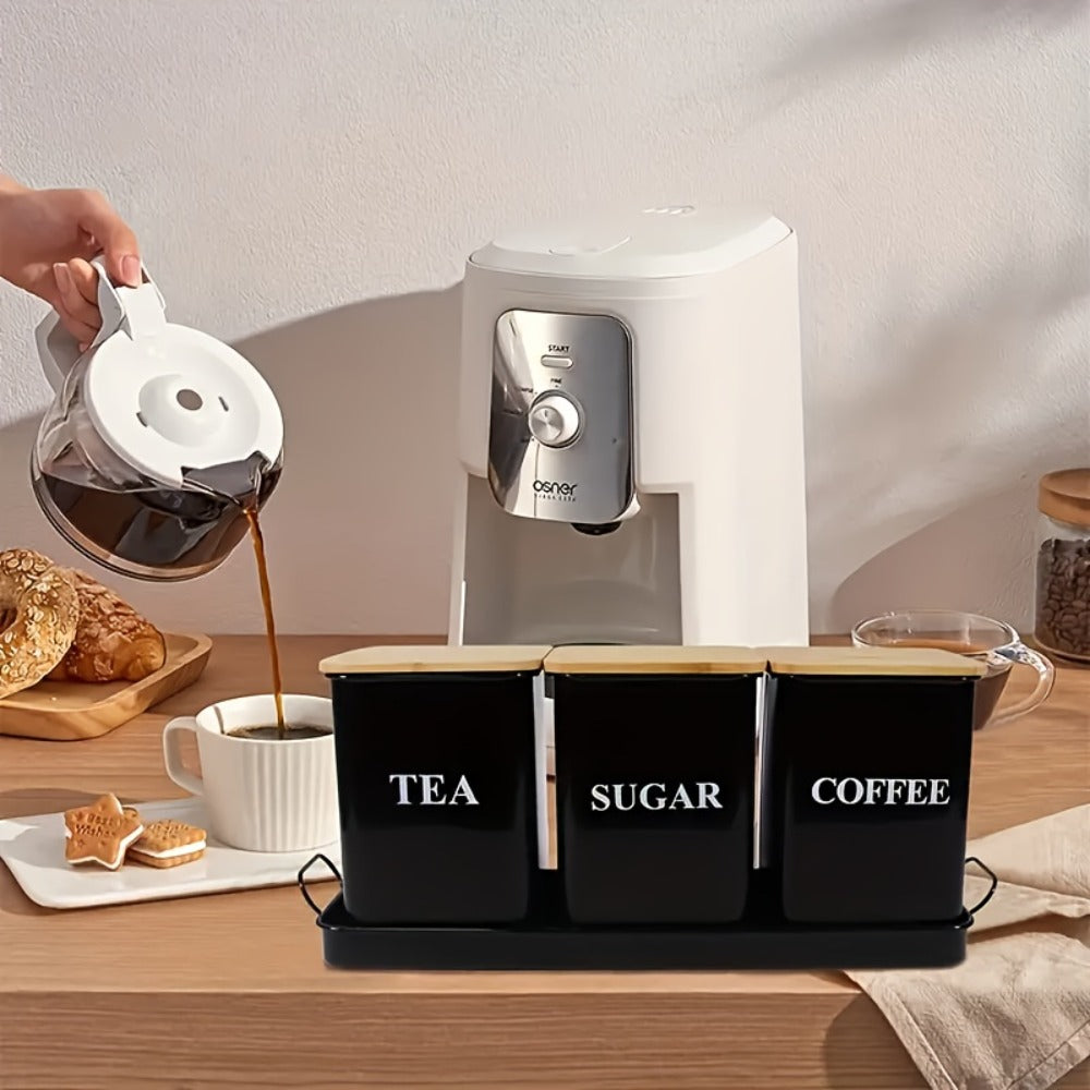 3-Piece Metal Kitchen Canister Set with Wooden Lids ¨C Coffee Tea Sugar Storage Jars, Airtight Kitchen Organizer Tins, Black or White Home Decor Gift Set