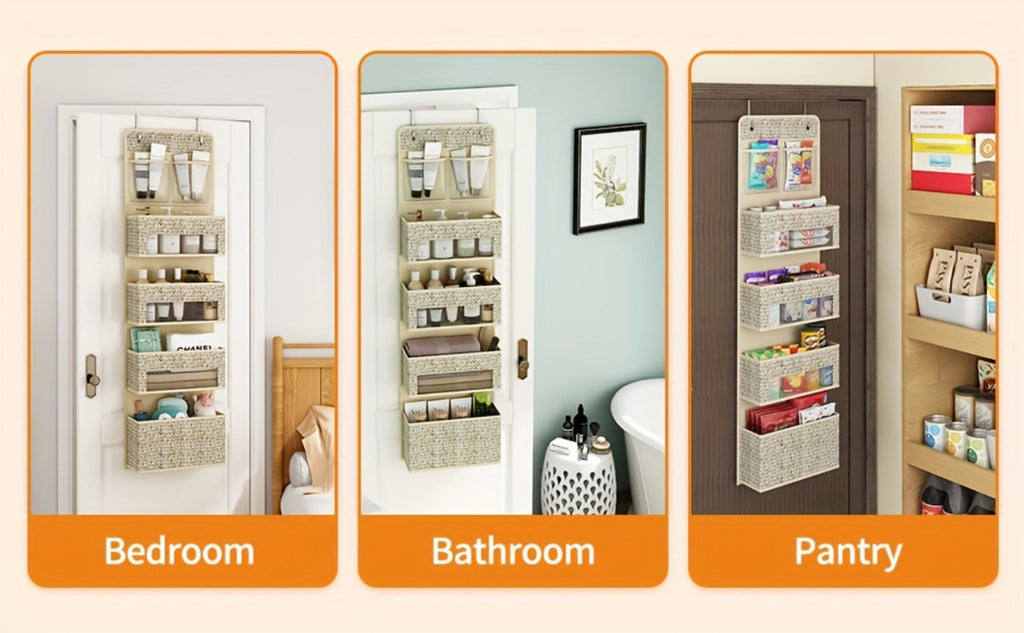 2-Pack Over-The-Door Hanging Organizer with 5 Shelves & 4 Clear Pockets ¨C Beige Rattan Storage Rack for Closet, Bedroom & Bathroom