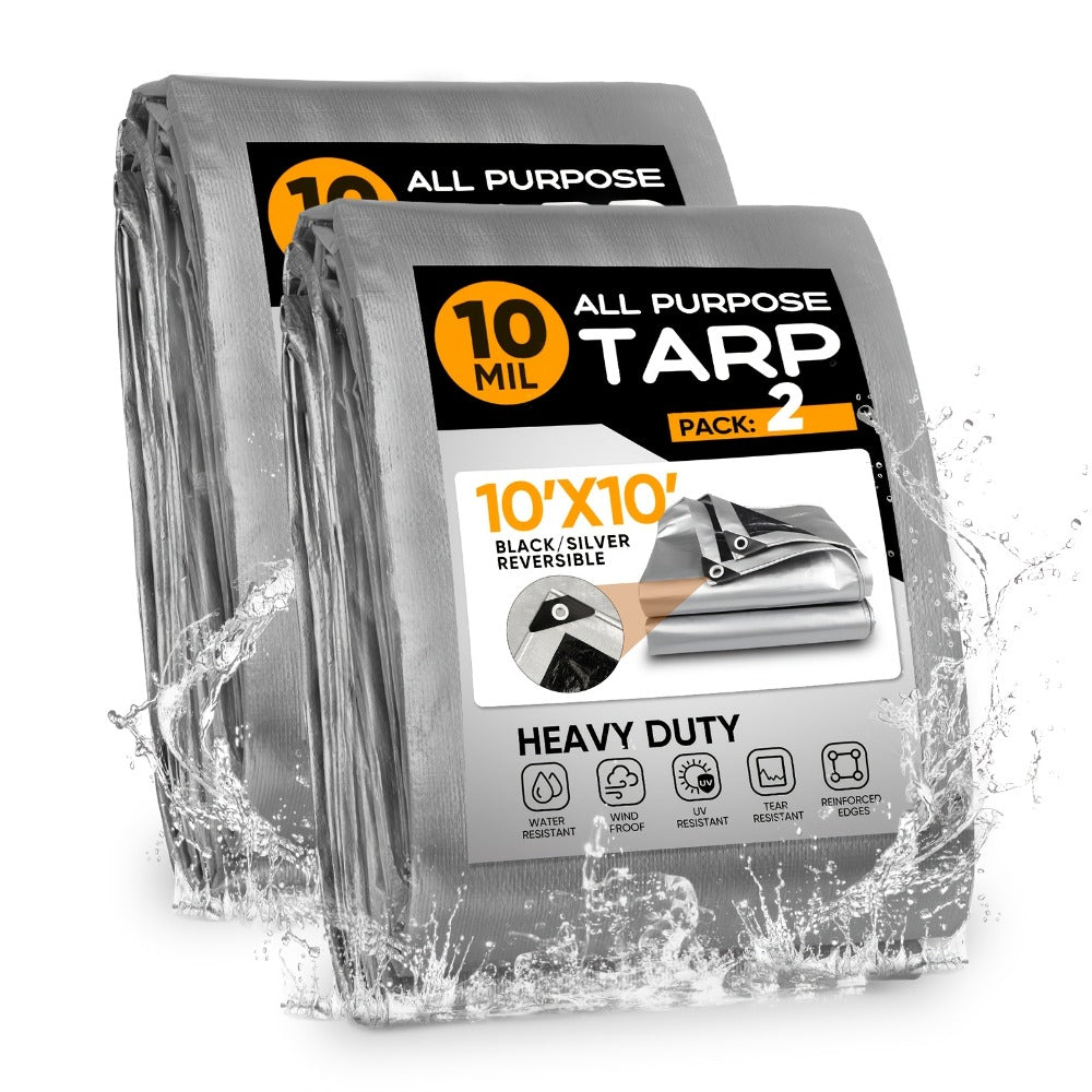 Heavy Duty Waterproof Tarp 2-Pack 10Mil 150GSM Black Silver ¨C Tear-Proof Polyethylene Cover with Reinforced Grommets for Roof Pool Boat Car Camping & Outdoor