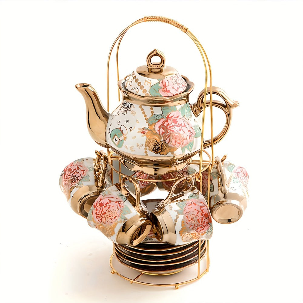 Floral Ceramic Tea Set 20 Pcs ¨C European Porcelain Tea Cups & Saucers with Metal Holder & 15 Oz Teapot ¨C Luxury Arabic Coffee Cup Set for Espresso, Cappuccino & Afternoon Tea ¨C Elegant Gift
