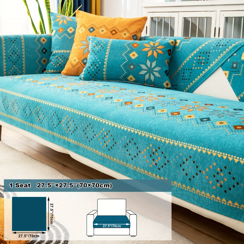 Bohemian Chenille Sofa Cover | Geometric Print Non-Slip Couch Slipcover, Thick Plush Boho Style, 1 to 4 Seat, Armrest & Backrest, Machine Washable, Sectional Sofa Protector