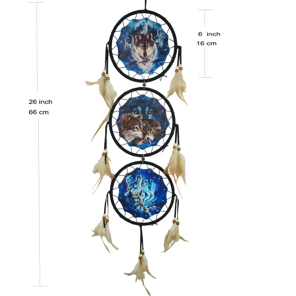Dream Catcher Wall Decor Wolf Design Boho Bedroom Hanging Decoration ¨C 6 Inch 3-Circle Feather Dream Catcher for Boys Kids Room, Nursery, Halloween, Christmas & Holiday Gift