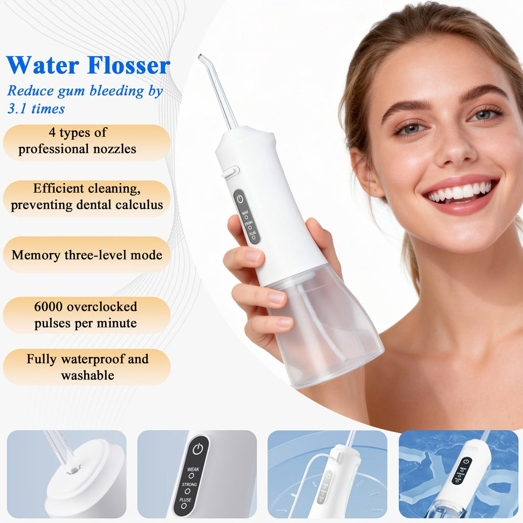 Water Flosser Cordless Oral Irrigator - Rechargeable Electric Dental Cleaner with 6 Interchangeable Nozzles, Adjustable Pressure Control, Plaque & Tartar Removal, USB Powered, Portable for Home & Travel Use