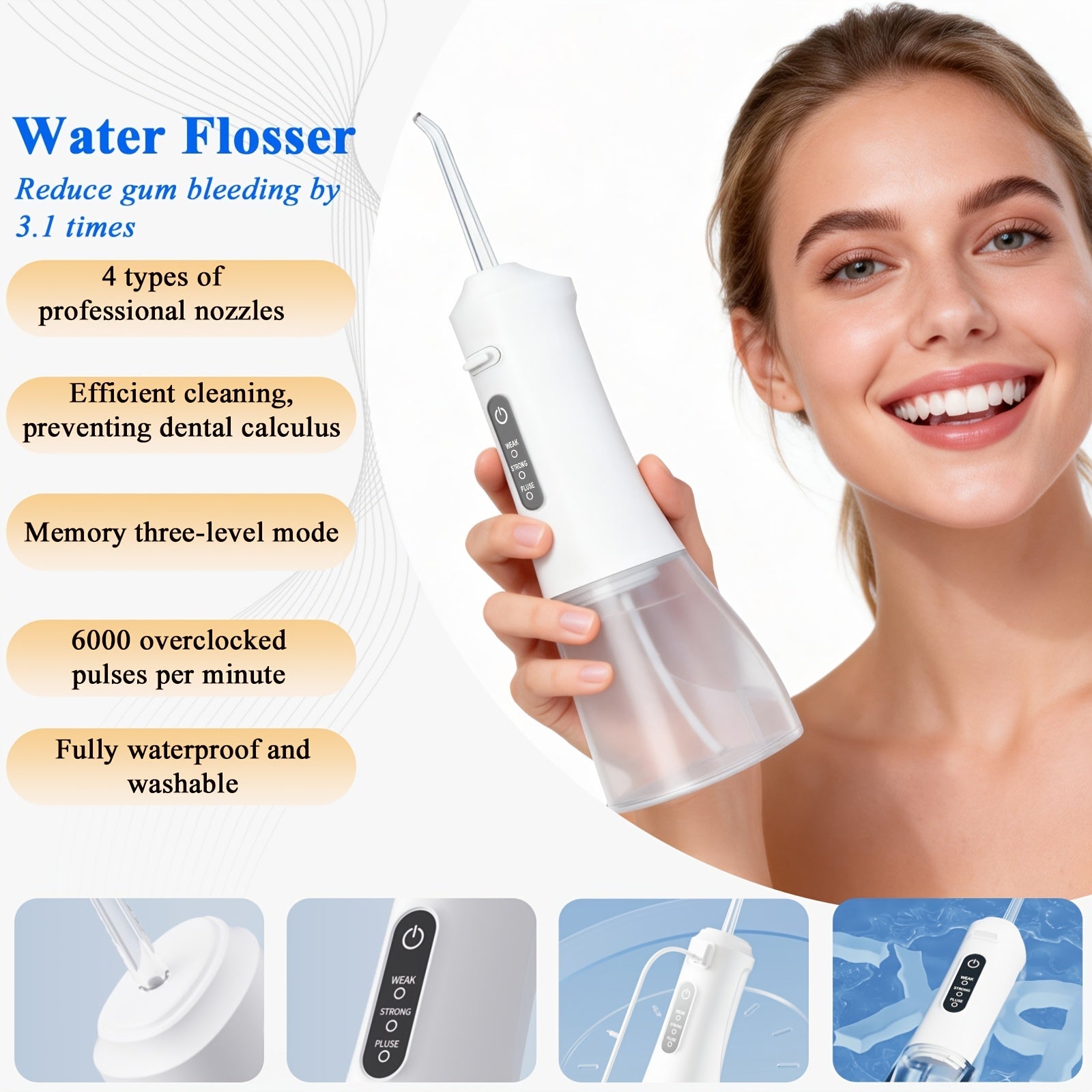 Water Flosser Cordless Oral Irrigator - Rechargeable Electric Dental Cleaner with 6 Interchangeable Nozzles, Adjustable Pressure Control, Plaque & Tartar Removal, USB Powered, Portable for Home & Travel Use