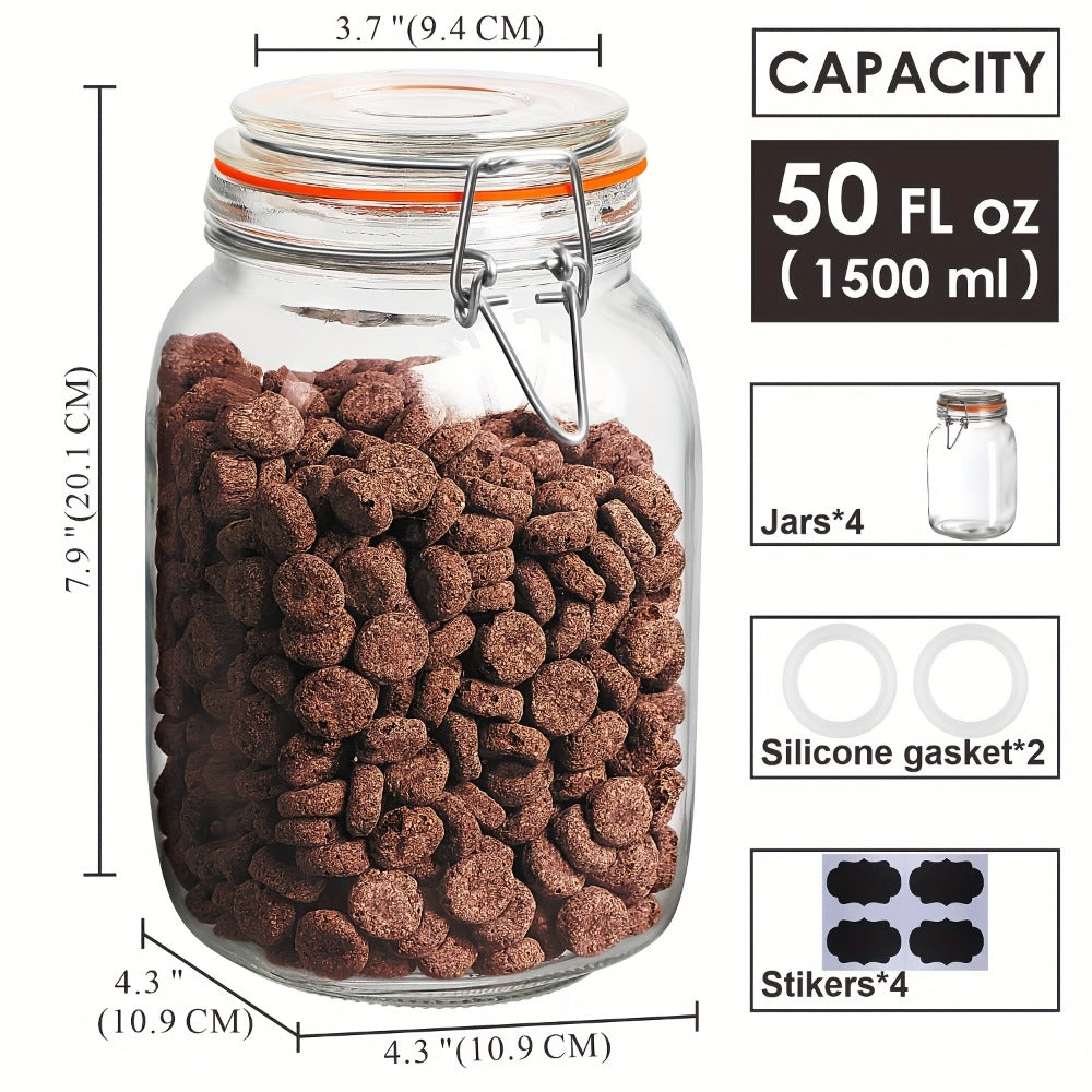 Mason Jars with Airtight Lids 50oz Wide Mouth Glass Storage Jars Square Clip Top Lid with Chalkboard Labels Silicone Gaskets for Kitchen Pantry 4 Pack