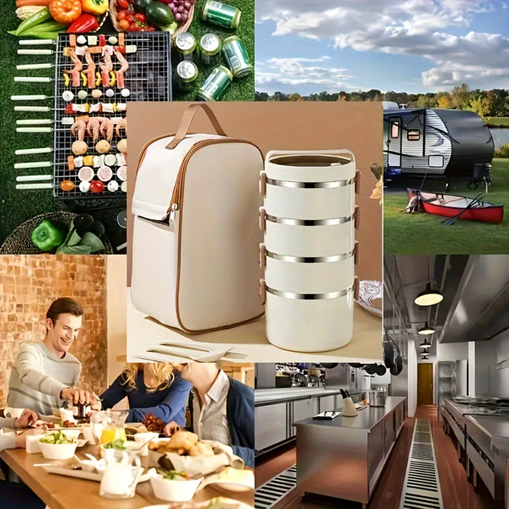 4 Layer Stainless Steel Lunch Box with Lid - Large Capacity Stackable Bento Box Set with Carry Bag and Cutlery for Camping Picnic School Office and Outdoor Adventures, Portable Reusable Food Storage Container