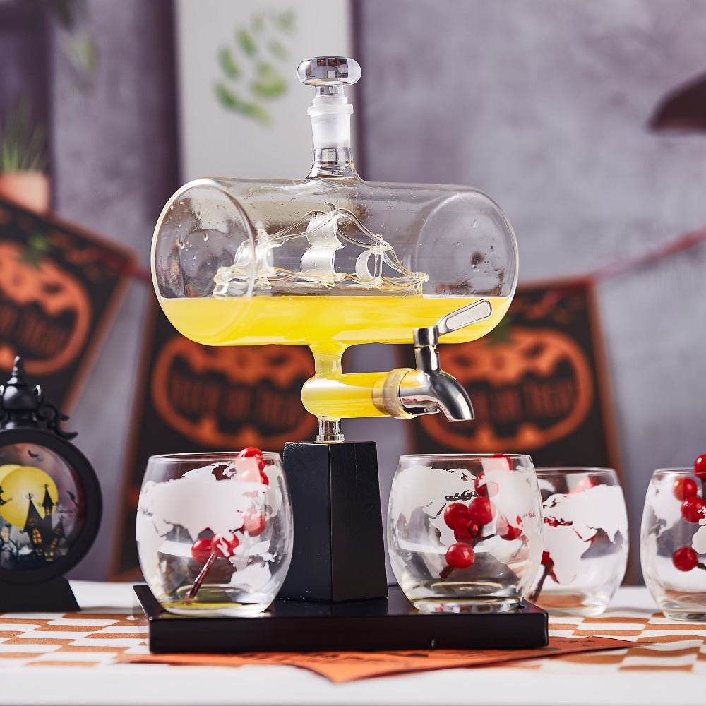 Whiskey Decanter Set with Glasses and Wooden Stand Ball Globe 28oz or Sailboat 44oz Etched Crystal Glass Cups for Whiskey Bourbon Scotch Birthday Wedding Anniversary Gift