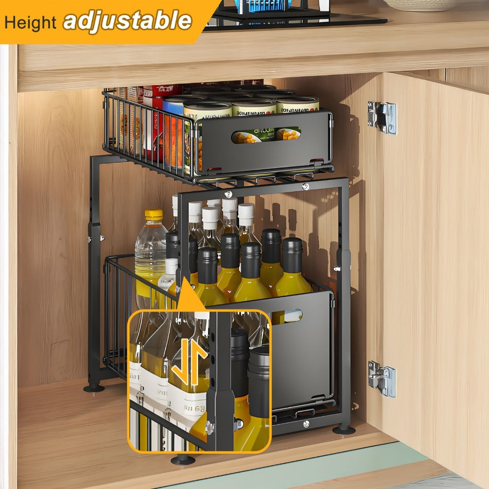 2-Tier Pull Out Cabinet Organizer No Drill Slide Out Shelf Kitchen Pantry Storage Roll Out Drawer Black