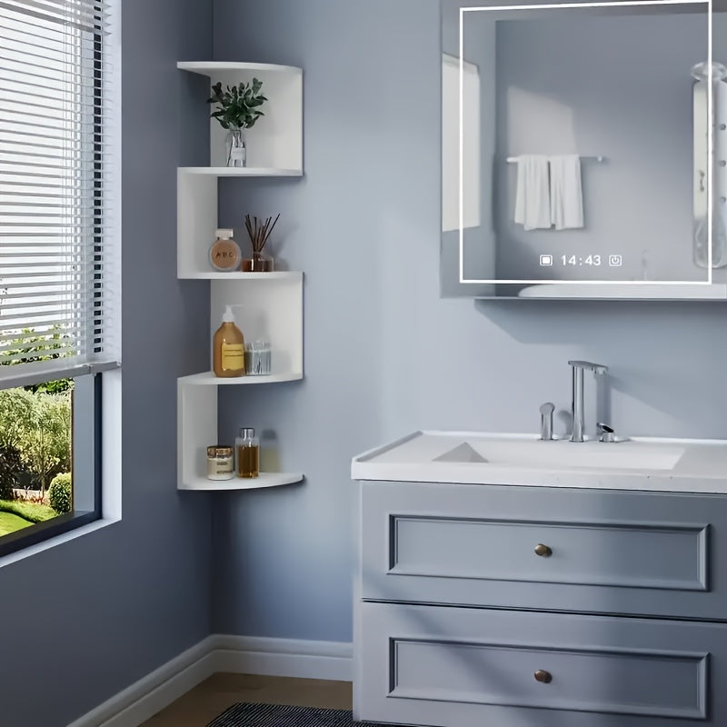 5-Tier Wall-Mounted Corner Shelf ¨C Space-Saving Floating Storage Organizer in White Acrylic for Bathroom, Living Room, Bedroom, Kitchen & Office, Decorative Corner Rack & Versatile Room Organizer