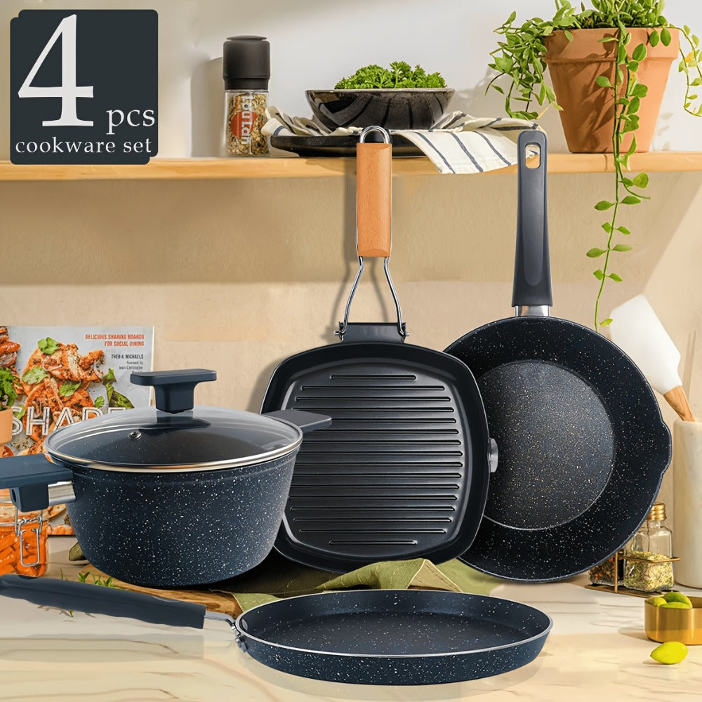 Non-Stick Cookware Set 4pcs Aluminum Frying Pan Kitchen Cooking Set Even Heat Distribution Easy Clean for Sauteing Searing Frying Everyday Home Cooking Black