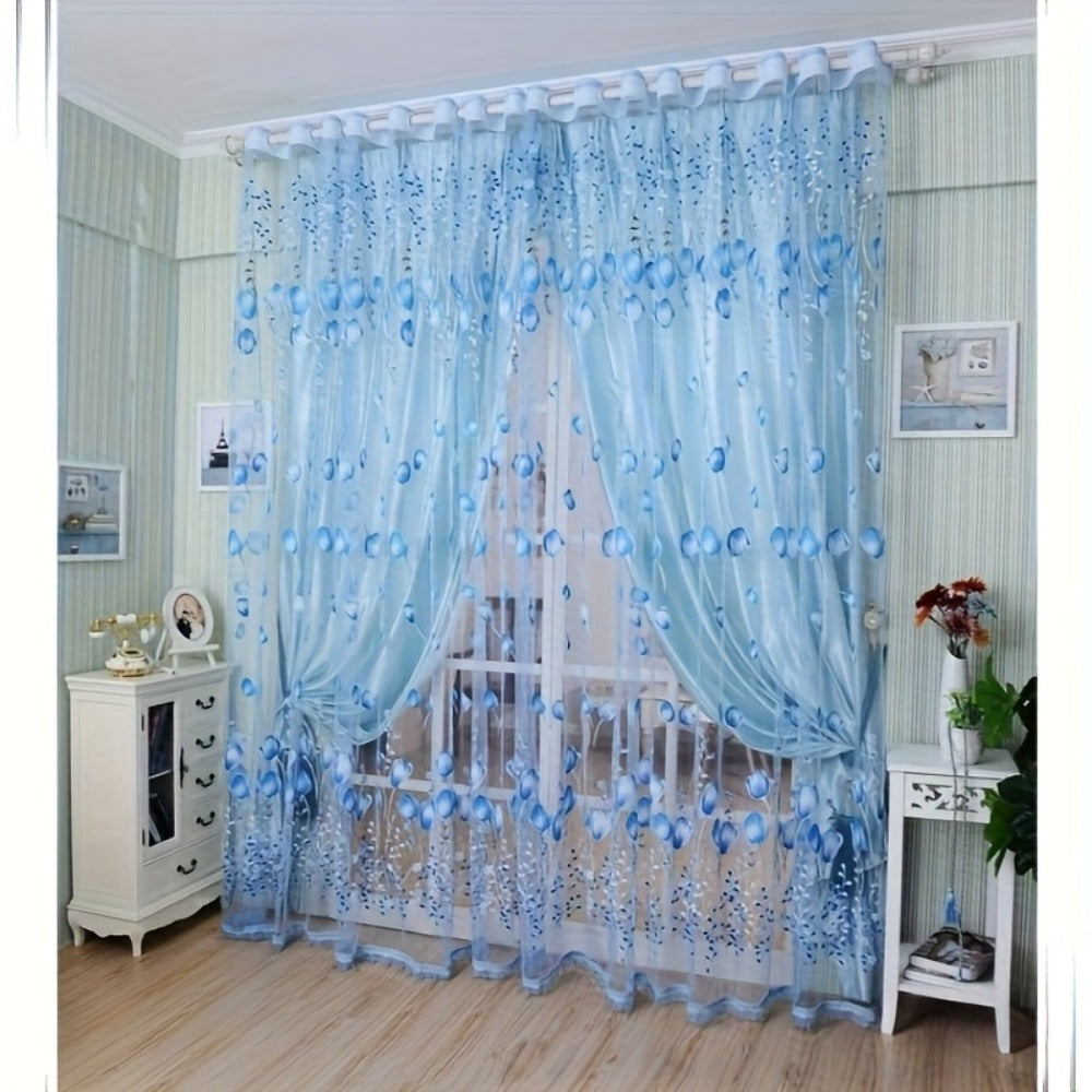 Sheer Tulip Curtains 79 Inch Length - 2 Panels Set Spring Flower Print Chiffon Window Drapes for Living Room Bedroom Balcony Rod Pocket
