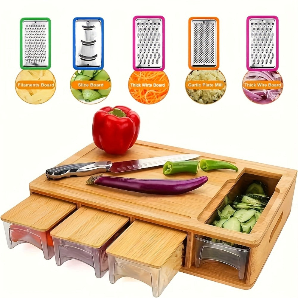 Bamboo Cutting Board with Drawer & Food Container Juice Tank Cheese Shredder Carving Board with Easy Handgrip for Vegetables, Meat & Cheese ¨C Kitchen Chopping Board with Storage