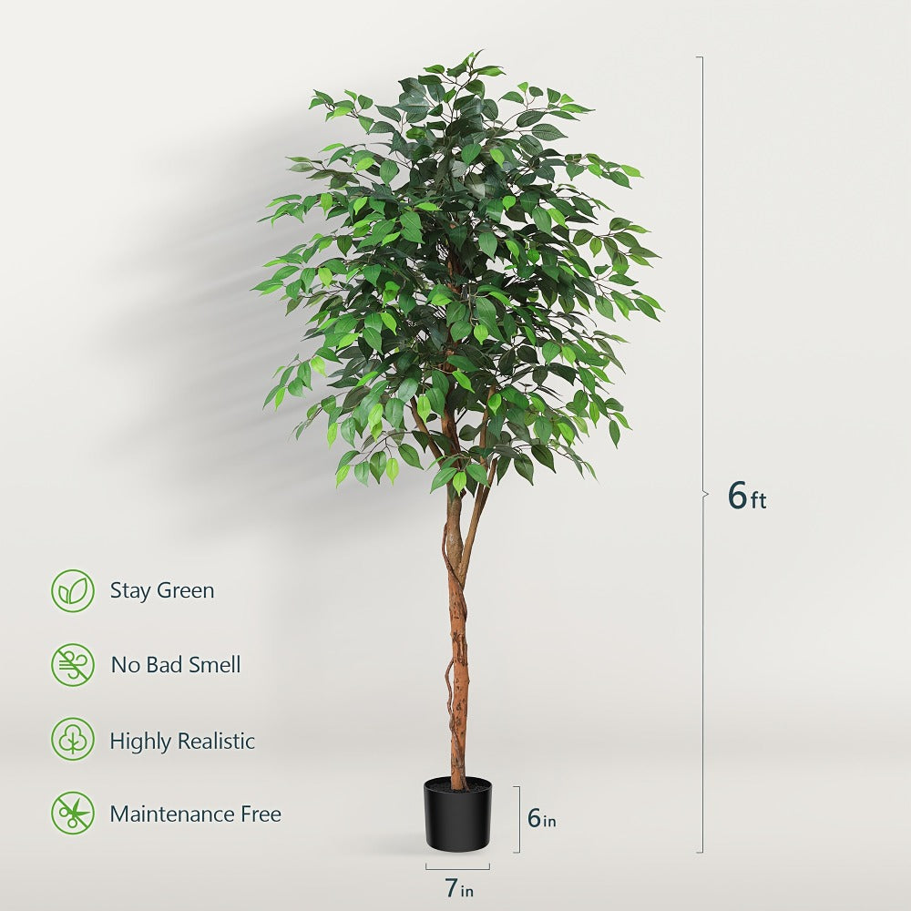 Artificial Ficus Tree Tall Fake Potted Plant Natural Wood Trunk Lifelike Silk Leaves 4FT 5FT 6FT 7FT Indoor Outdoor Living Room Bedroom Office Home Decor No Maintenance