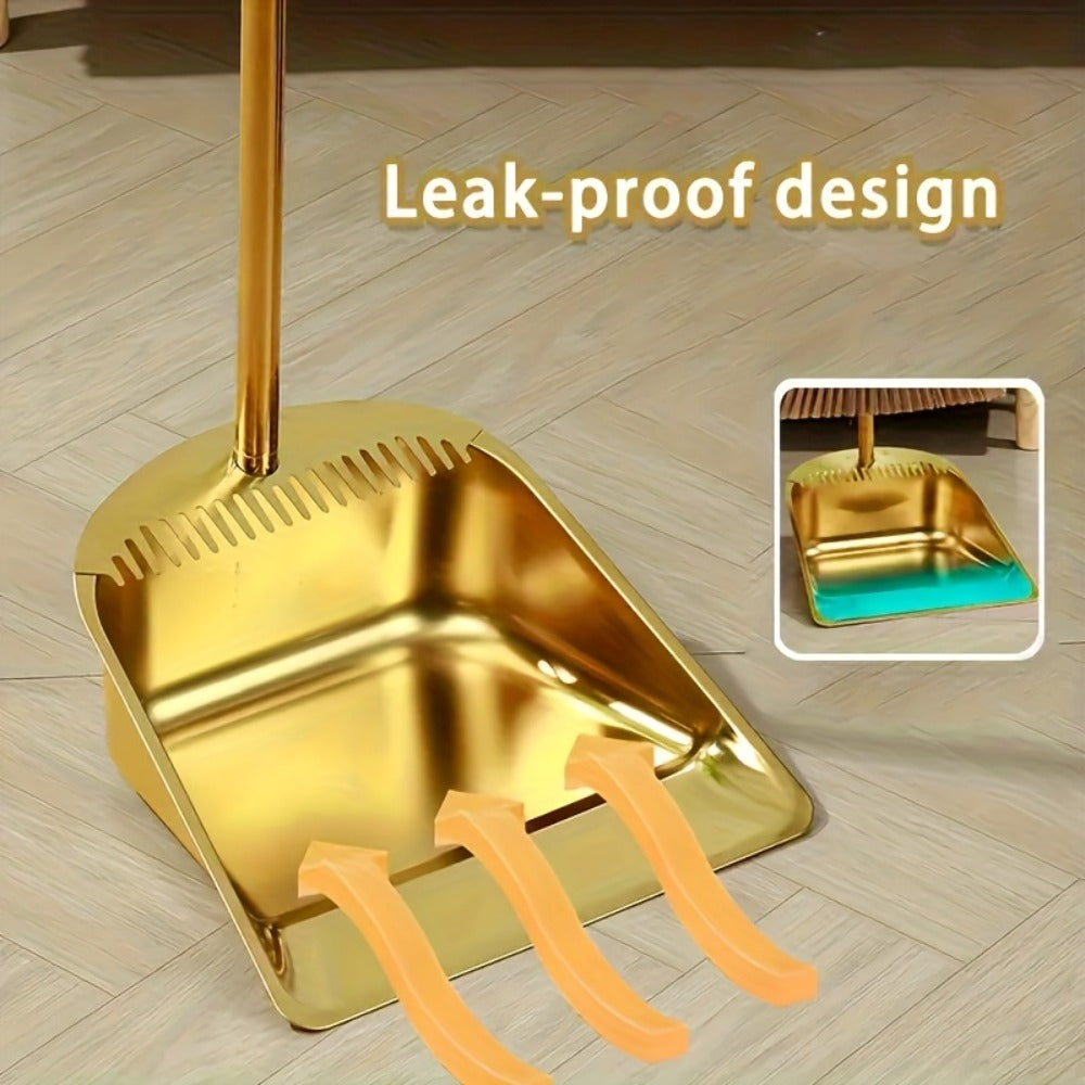 Broom and Dustpan Set Premium Golden Stainless Steel Extra Long Handle Microfiber Bristles V-Shape Leakproof Dustpan Heavy Duty Indoor Outdoor Sweeper for Kitchen Patio Hardwood Tile Floor