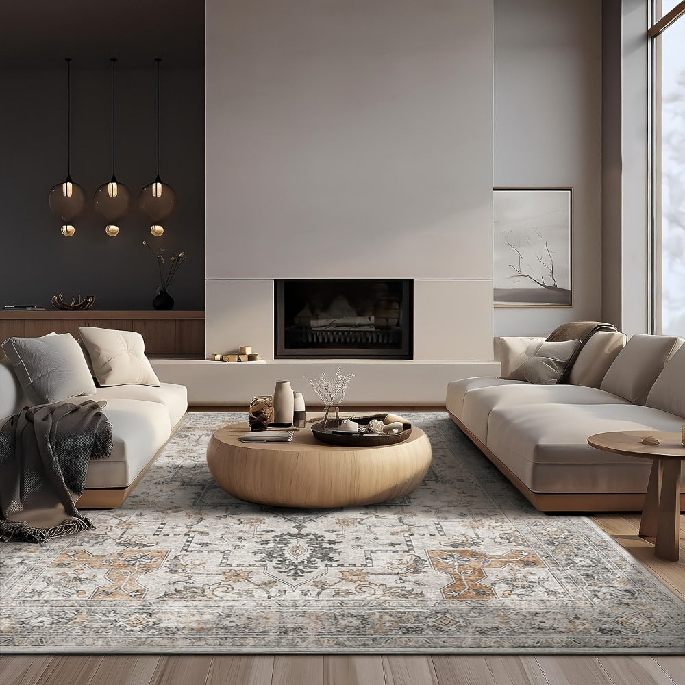 Vintage Chenille Area Rug Non-Slip Machine Washable ¨C Retro Print Lightweight Carpet for Living Room, Bedroom, Dining Area & Home Office ¨C Light Taupe Brown, 8 Sizes