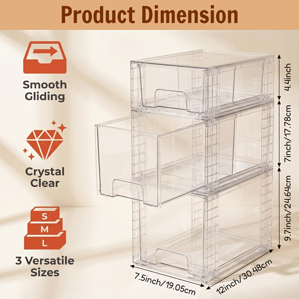 Clear Stackable Storage Bins with Lids & Handles 3 or 4-Piece Set | Plastic Organizer Drawers for Under Sink Pantry Cabinet Closet | Kitchen & Bathroom Storage for Cosmetics Cleaning Supplies Food