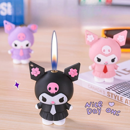3D Kawaii Anime Figure Lighter with Chain, Cute Kuromi Sanrio Cartoon Open Flame Butane Lighter, Unique Kawaii Gift for Anime Fans, Available in 3 Colors ¨C Black, Purple & Pink (No Butane Included)