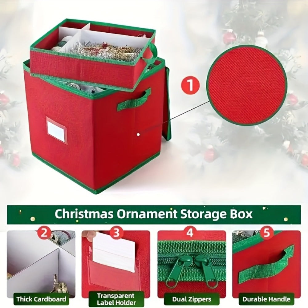 Christmas Ornament Storage Box ¨C Holds Up to 64 Holiday Ornaments, Adjustable Dividers, Covered Lid & Dual Handles, Clear Protective Container Keeps Decorations Safe, Clean & Dust-Free