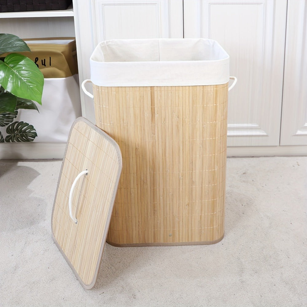 Collapsible Laundry Basket Bamboo Foldable Rattan Clothes Hamper - Space Saving Rectangular Storage Bin for Bedroom, Dorm Room & Bathroom, No Tools Assembly, Upgrade & Standard Models Available