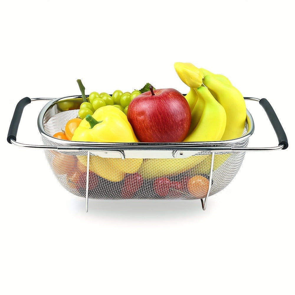 Expandable Sink Colander Stainless Steel ¨C Over the Sink Strainer Basket with Fine Mesh & Rubber Grip, Adjustable Kitchen Drain Strainer for Vegetables, Fruits & Pasta, Small & Large Size