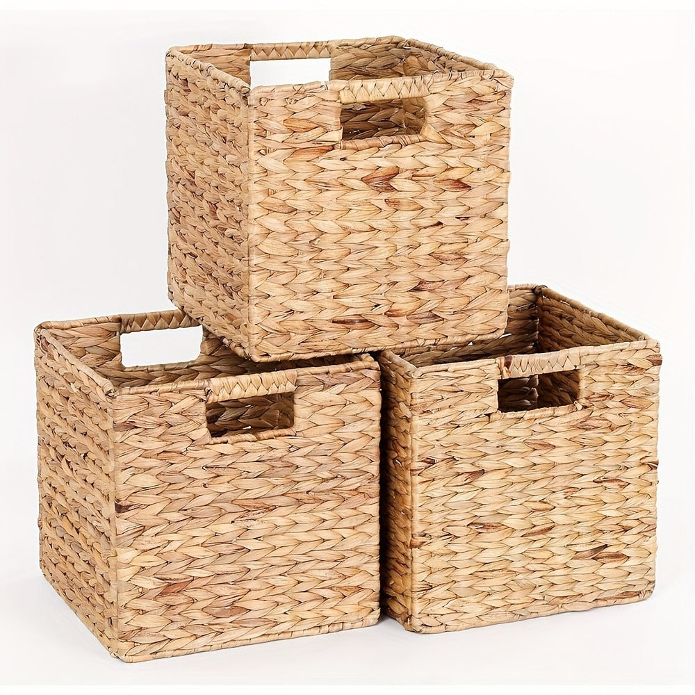 Water Hyacinth Storage Baskets 11in - Handwoven Stackable Cube Baskets for Shelves Closet Laundry, Natural Wicker Organizer Bins