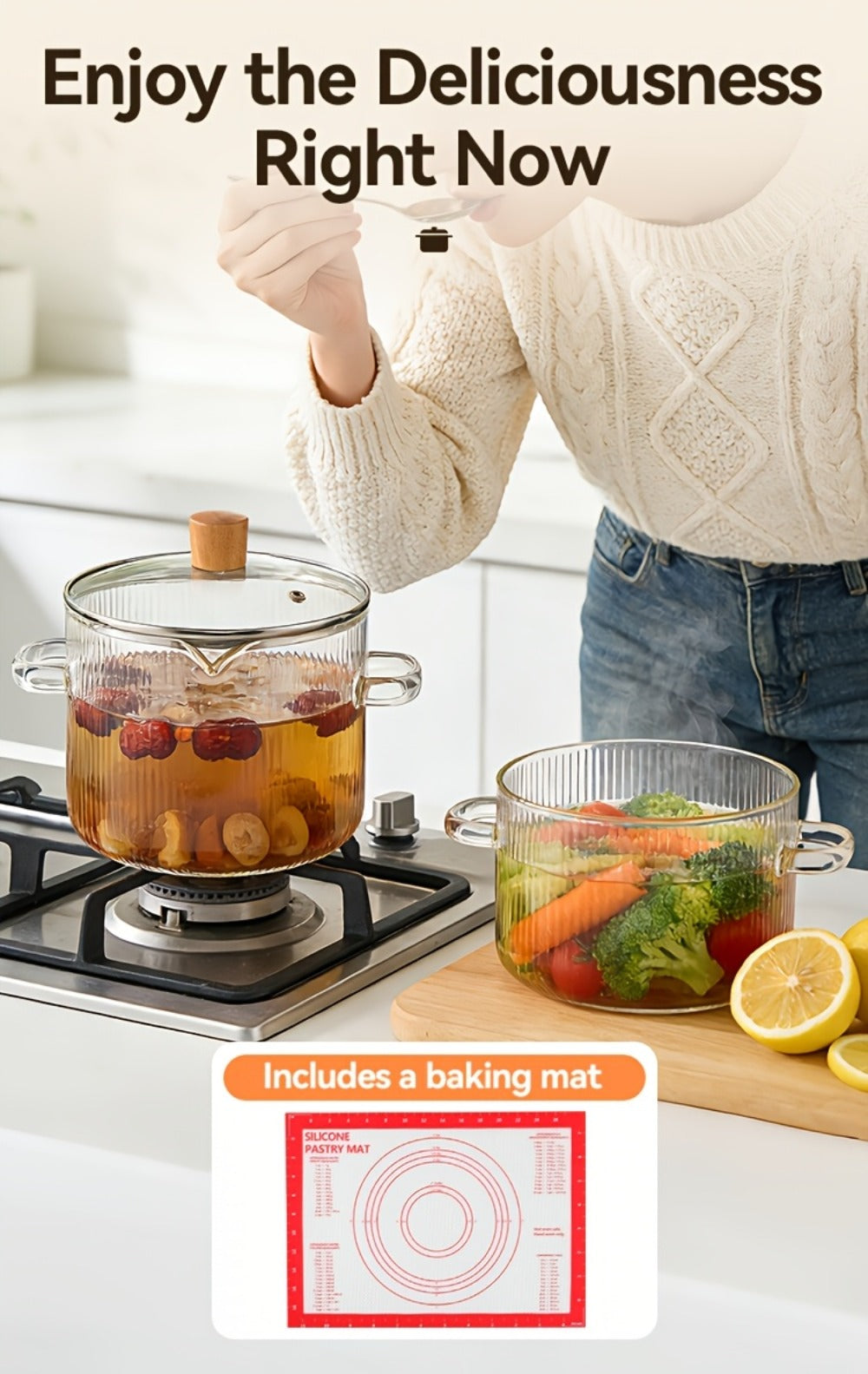 Glass Saucepan Set 2-Pack Stovetop Safe Borosilicate Ribbed Pots with Lids ¨C 78oz & 54oz Heat Resistant Cookware for Soup, Ramen, Milk | Transparent Glass Pot Kitchen Cooking Set with Baking Mat
