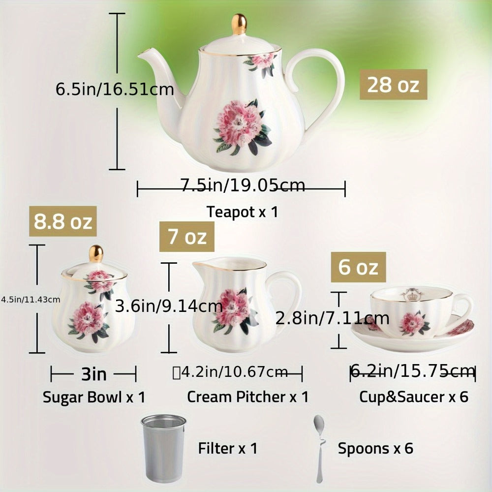 Porcelain Tea Set Service for 6 British Royal Floral Design with Teapot Sugar Bowl Cream Pitcher Teaspoons Tea Strainer 8oz Cups Saucers for High Tea Wedding Party Gift