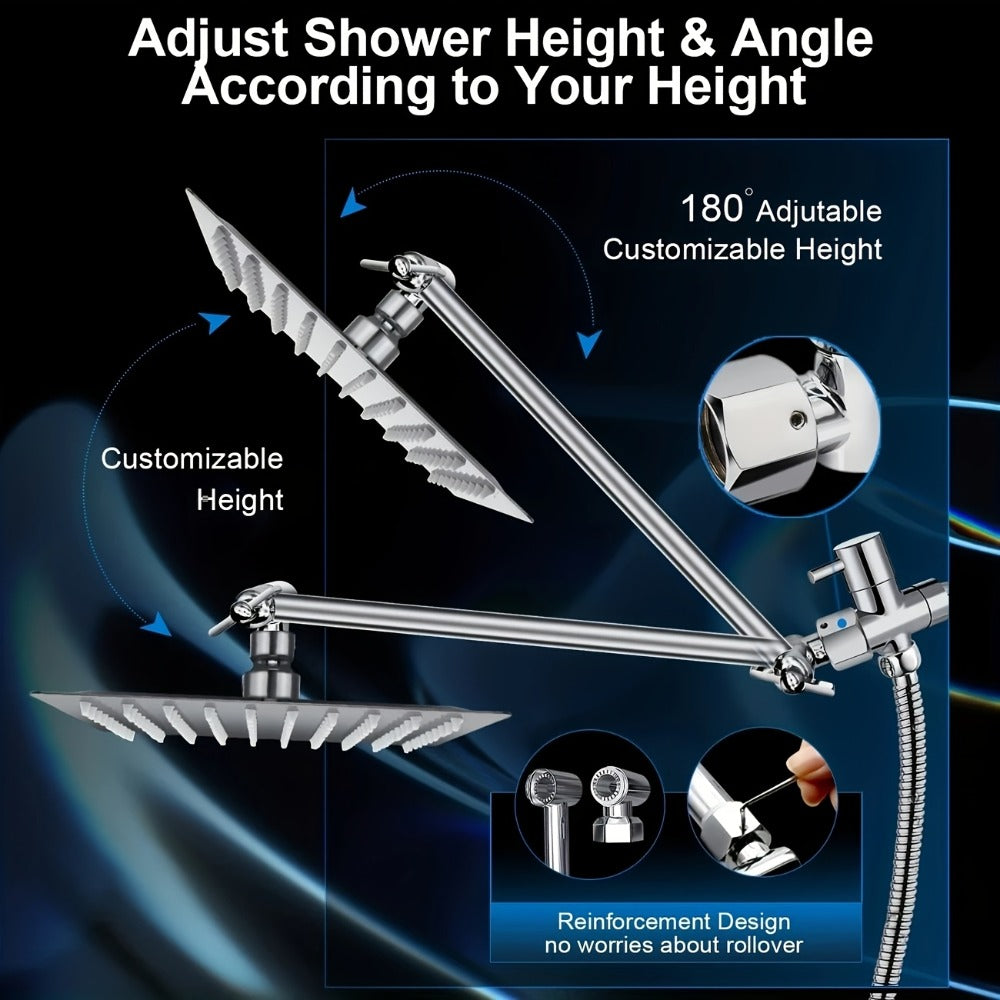 High Pressure Rainfall Shower Head Combo with Handheld Spray ¨C 9 Spray Settings, 180¡ã Adjustable Bracket, Stainless Steel Hose, Anti-Clog Nozzles, Modern Bathroom Shower System