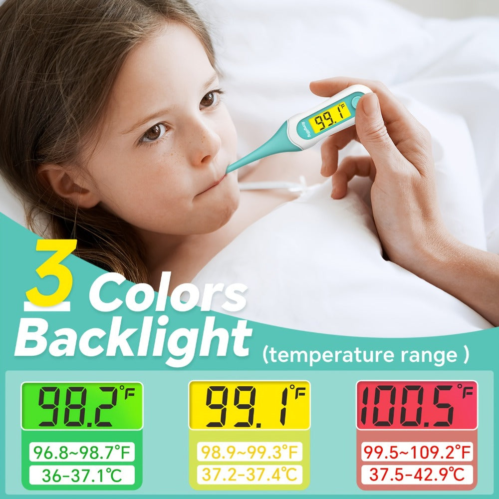 Digital Oral Thermometer for Adults & Kids ¨C 8-Second Fast Read, Bendable Tip, 3-Color Fever Backlight, 32 Memory Records, Rectal Use for Infants, Celsius/Fahrenheit Conversion