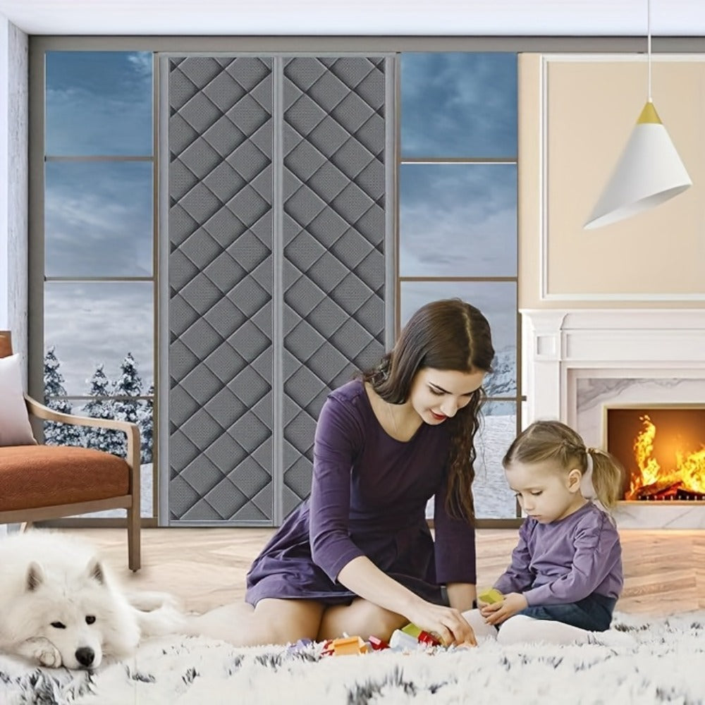 Thermal Insulated Door Curtain Magnetic Closure Knit Plaid Pattern ¨C Windproof Insulation Blanket for Front Door, Sliding Glass, Patio & French Doors, Keep Cold Out, Grey & Brown, Multiple Sizes