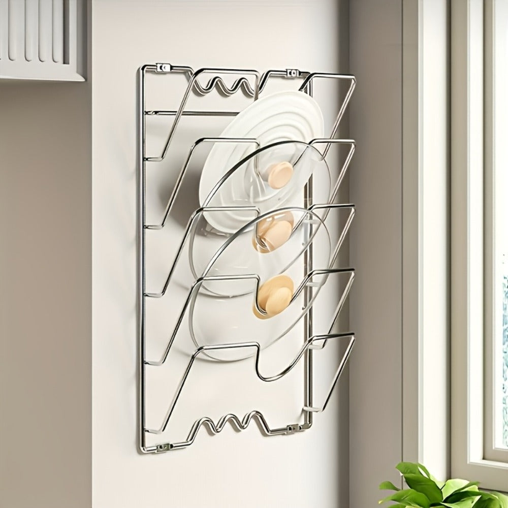 Pot Lid Organizer Wall Mounted Metal Rack | Multi-Level Hanging Pot and Lid Holder for Kitchen Storage | Space Saving Cabinet Door or Wall Mount Cookware Organizer for Home & Restaurant