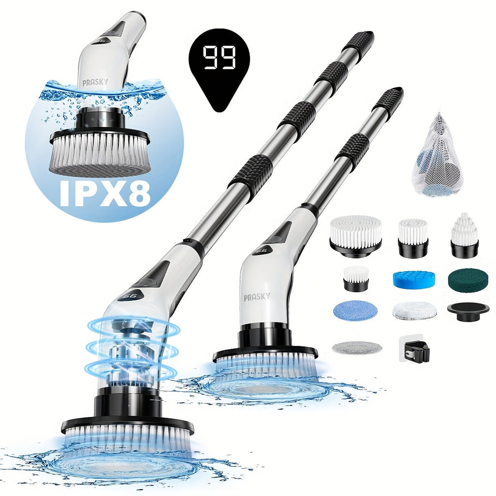 Electric Spin Scrubber Cordless IPX8 Waterproof 9 Replaceable Brush Heads 4 Adjustable Extension Handles LED Display 2-Speed 90-Min Battery for Bathroom Kitchen Tile Floor Tub Grout Cleaning White