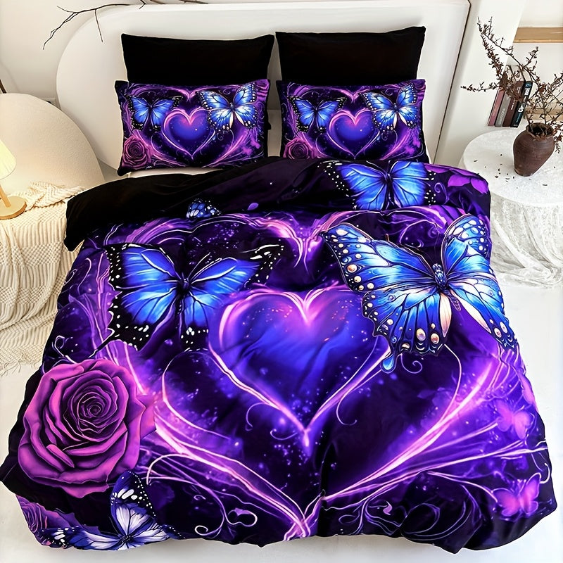 Purple Butterfly Floral Duvet Cover Set 3pcs - Colorful Fancy Butterfly Love Flower Bedding Set with 1 Duvet Cover & 2 Pillowcases, High-Definition Print, Twin Full Queen King, Polyester Bedroom Decor