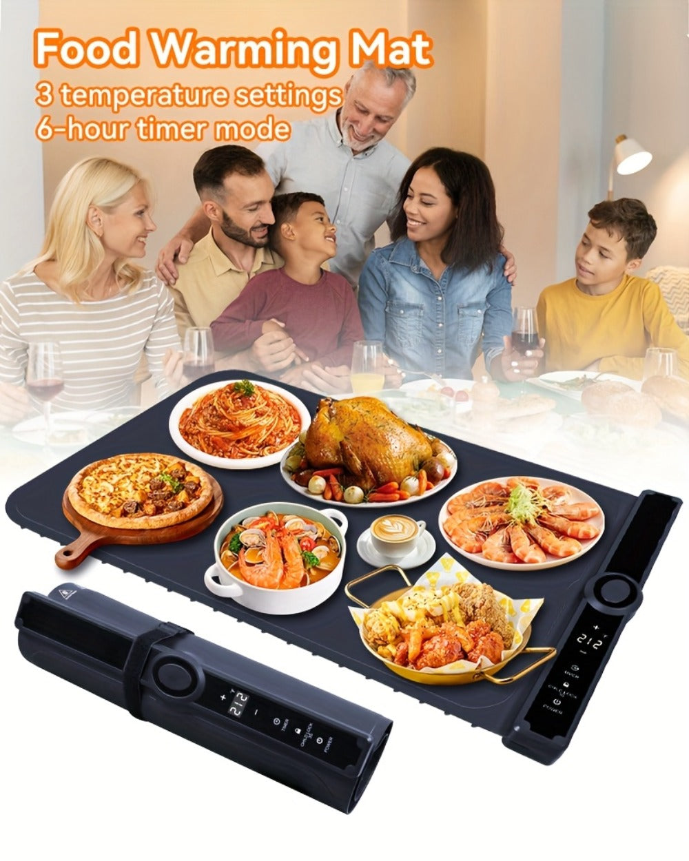 Electric Food Warming Pad Silicone 3 Temperature Levels 6-Hour Timer Foldable Full Surface Rapid Heating Tray for Buffet Party Kitchen Countertop Grayish Blue