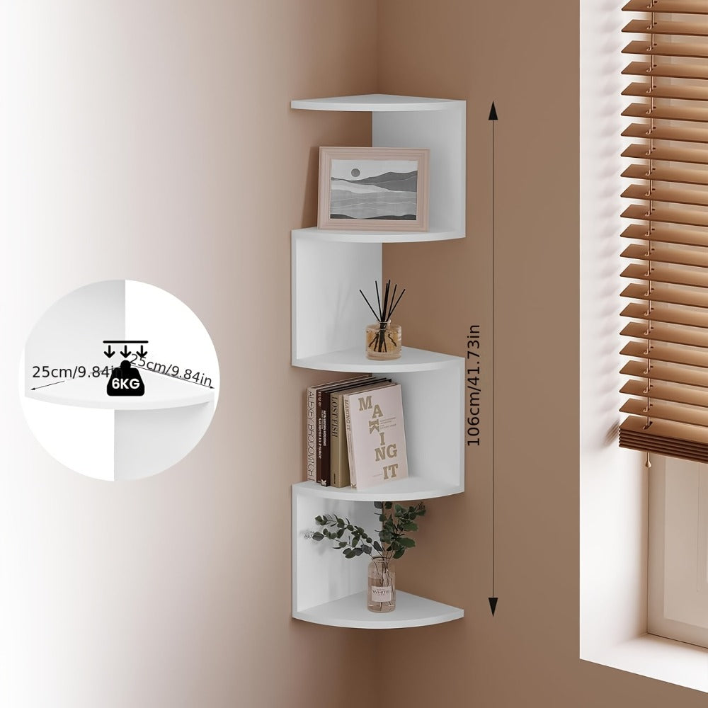 5-Tier Wall-Mounted Corner Shelf ¨C Space-Saving Floating Storage Organizer in White Acrylic for Bathroom, Living Room, Bedroom, Kitchen & Office, Decorative Corner Rack & Versatile Room Organizer