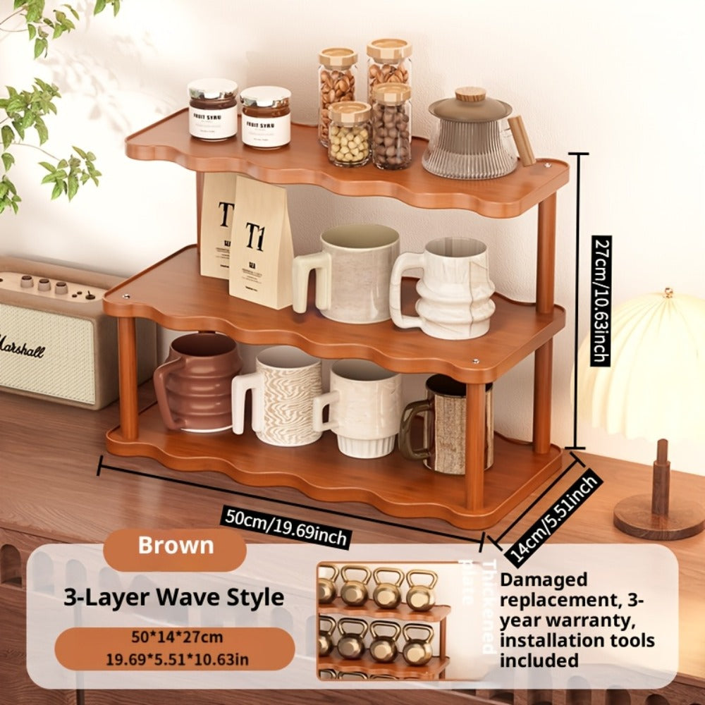 Ladder Cup Holder Rack 2-3 Tier Wave Style | Countertop Organizer for Coffee Mugs Teacups Water Glasses | Kitchen Counter Dining Table Entryway Dessert Display Shelf Brown