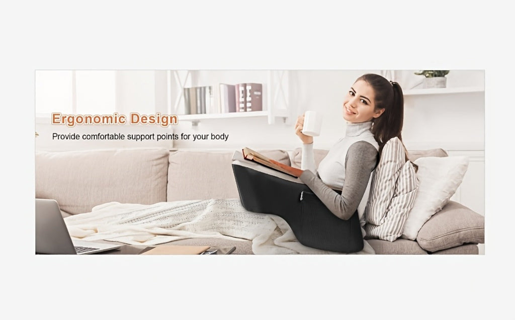 Reading Pillow with Armrests Ergonomic Bed Rest Pillow Back Support Cushion Side Pockets Cup Holder Washable Cover for Gaming Reading Working Sofa Bed Black Grey