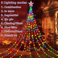 Christmas Tree Waterfall Fairy Lights 200 LED with Star Top Decoration, 8 Lighting Modes ¡ª Battery, Solar & USB Powered Indoor Outdoor Colorful Cascading Holiday Light Strip