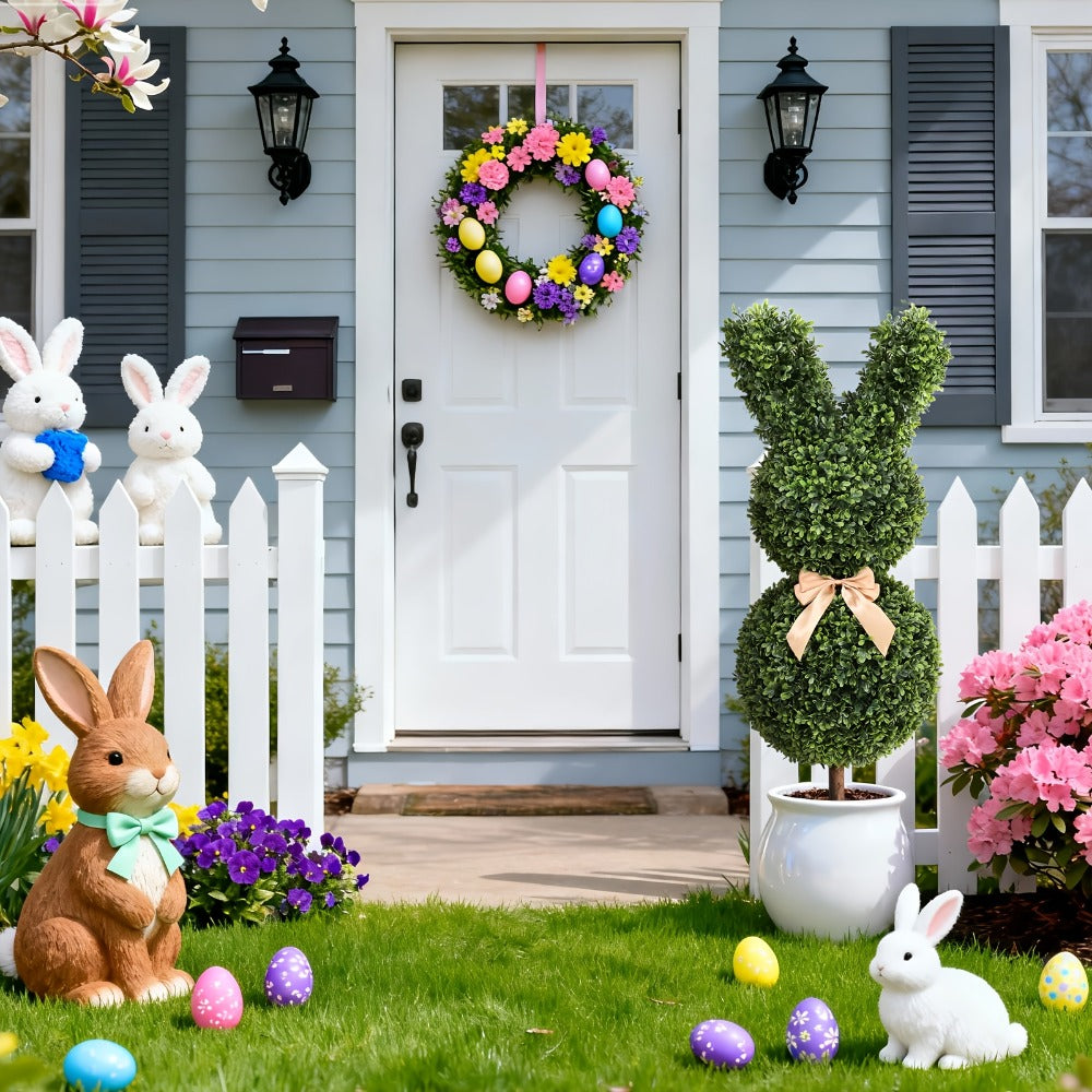 Artificial Boxwood Bunny Topiary 2-Pack | 3Ft Faux Rabbit Garden Statue with Bow, Indoor Outdoor Easter Spring Porch Decor, Lifelike Greenery Sculpture with Planter