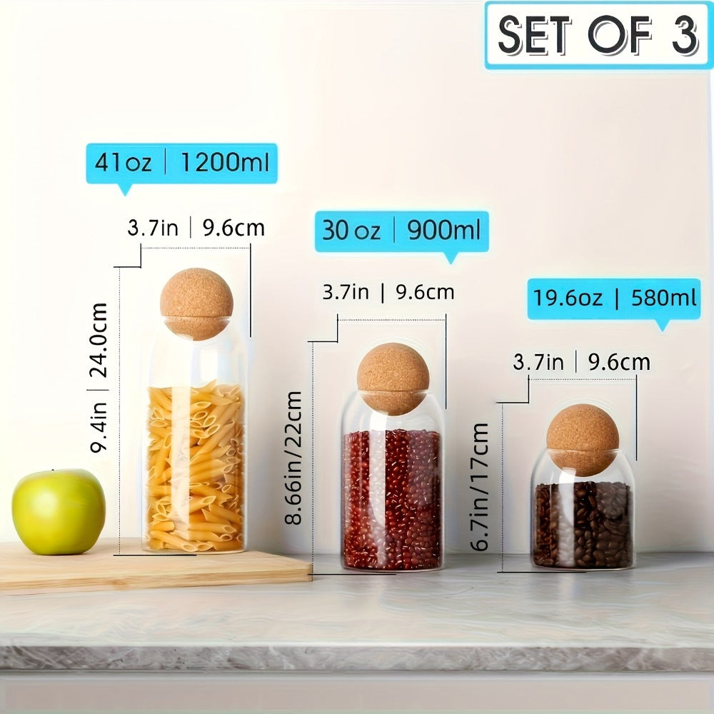Glass Storage Jars with Cork Lid Set of 3 | 17oz 500ml Airtight Glass Containers with Spherical Cork Stopper | Kitchen Organizer for Tea Nuts Candy Spices Dried Flowers