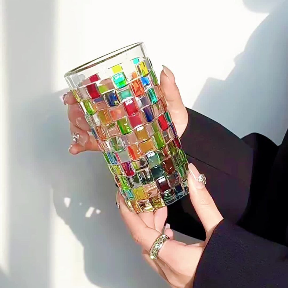 Hand-Painted Drinking Glasses Set ¨C Colorful Square Lattice Woven Handcrafted Glass for Water, Juice, Whiskey & Beer ¨C Artistic Decorative Glassware for Home Bar & Entertaining ¨C 2pc or 4pc