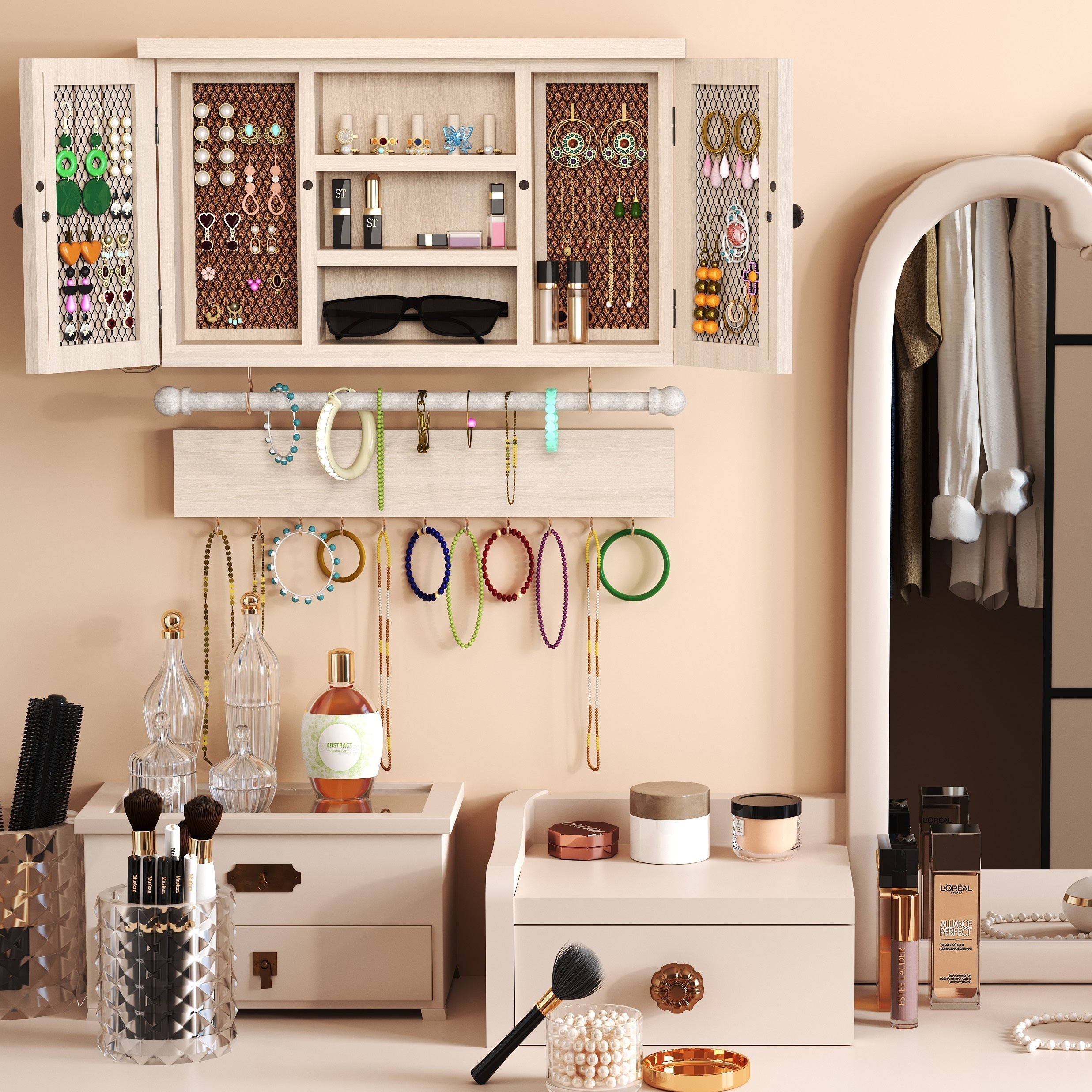 Wall-Mounted Wood Jewelry Organizer ¨C Rustic Hanging Display Shelf with Removable Bracelet Rod & Hooks for Necklaces, Rings & Bracelets, Space-Saving Dressing Room Decor