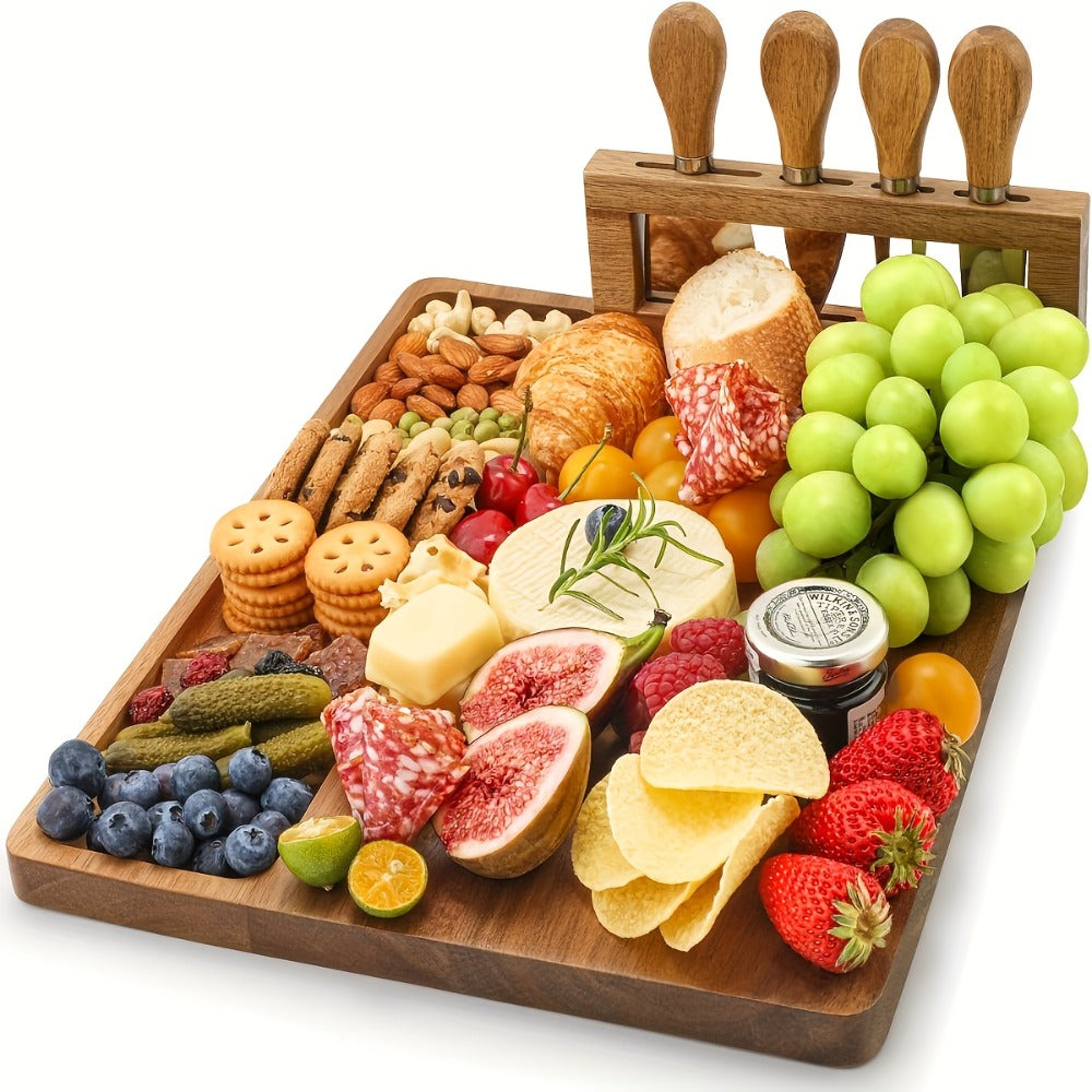 Charcuterie Board Set with Knives Large Bamboo Cheese Board Meat Platter Appetizer Tray with 4 Stainless Steel Knives Perfect for Party Wedding Christmas Birthday Gift