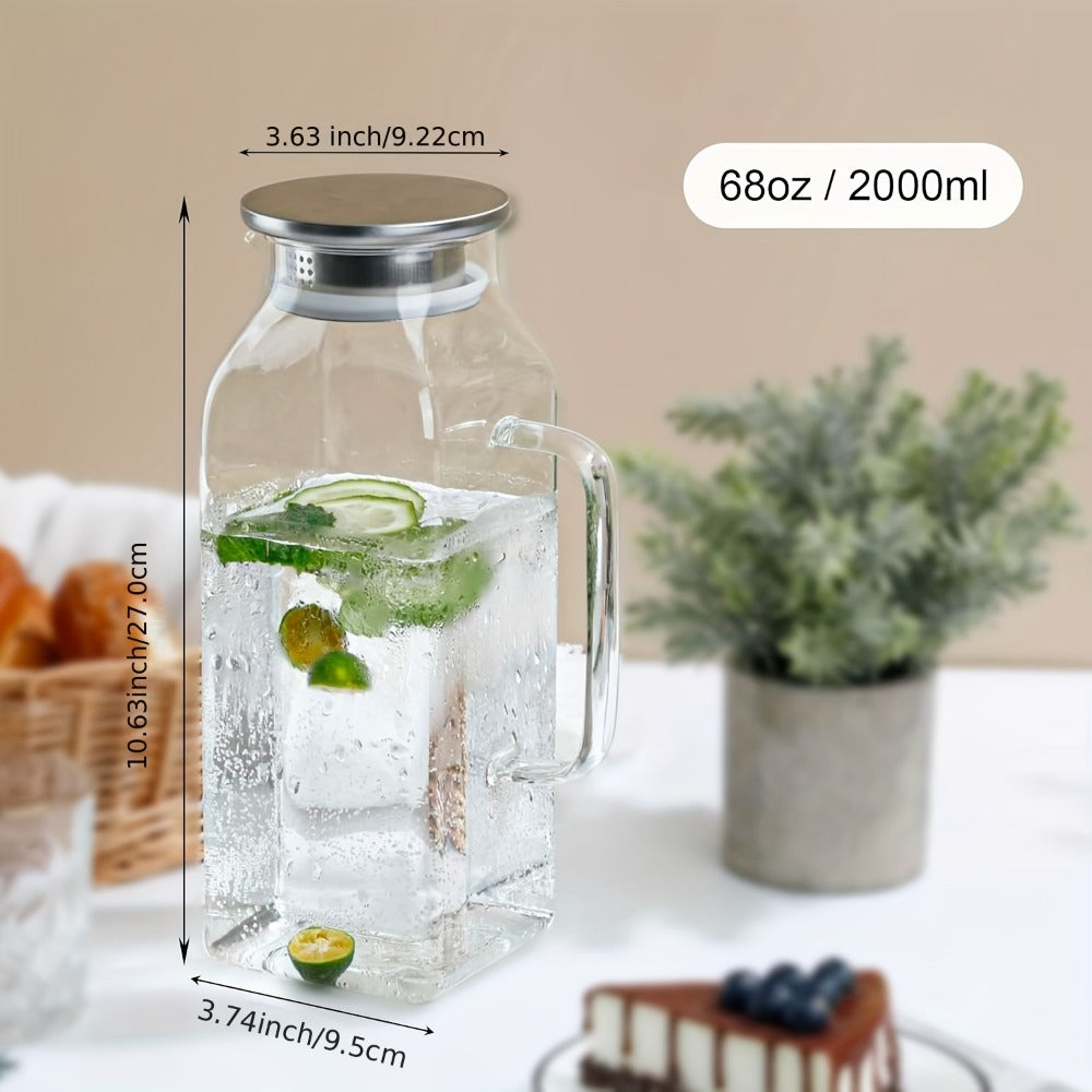 Glass Pitcher with Lid & Handle 2L 68oz ¨C Square Borosilicate Water Jug, Heat Resistant Carafe for Fridge, Iced Tea, Coffee & Cold Drinks ¨C 2 or 4 Pack with Optional 16oz Cups