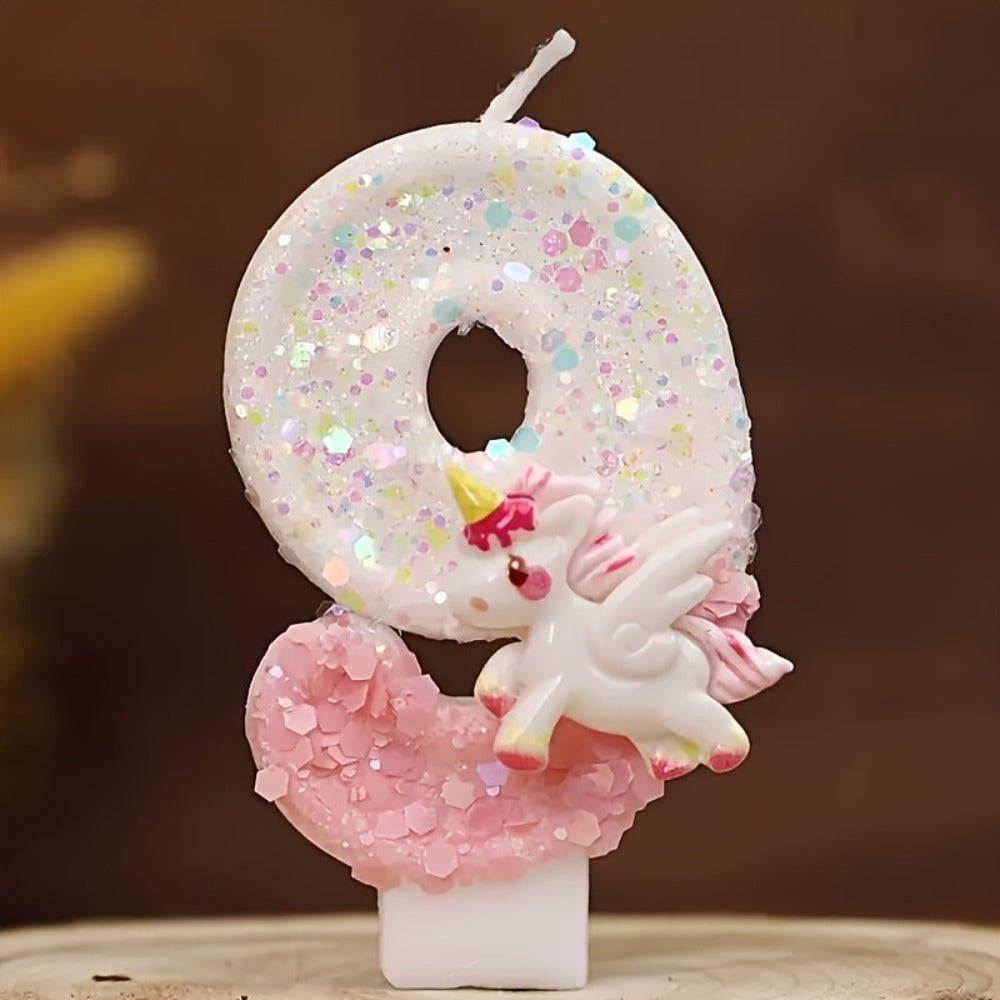 Unicorn Number Cake Topper 0-9 Birthday Party Decoration Glitter Figure Candle Topper for Birthday Anniversary Wedding Christmas Halloween Table Decor