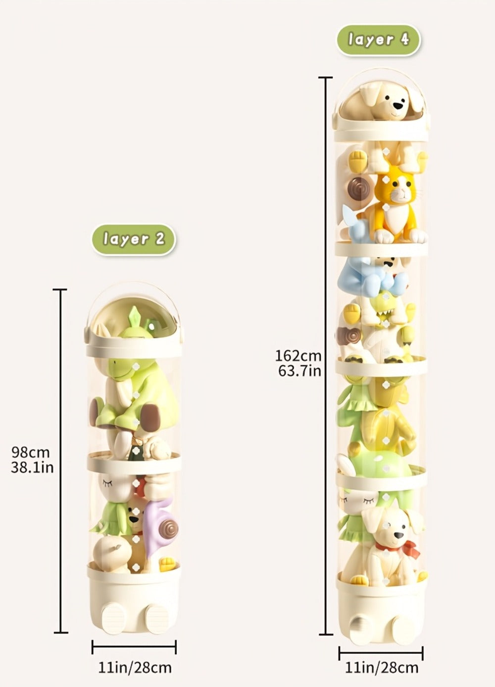 Transparent Toy Storage Bin 4-Layer Cylindrical Organizer for Stuffed Animals Dolls Plush Figurines - Dustproof Clear Display Bucket Easy Assembly for Kids Bedroom Living Room Playroom