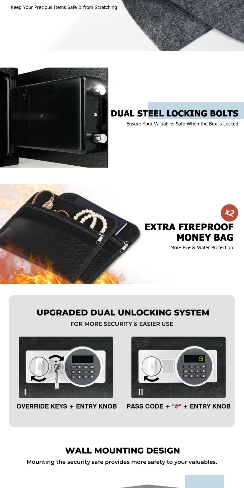 Fireproof Home Safe Box with Digital Keypad and Key Lock Heavy Duty Steel Security Safe for Money Documents Valuables Jewelry Passports 0.23 0.8 1.5 2.2 Cubic Feet Multiple Colors with Cash Bag